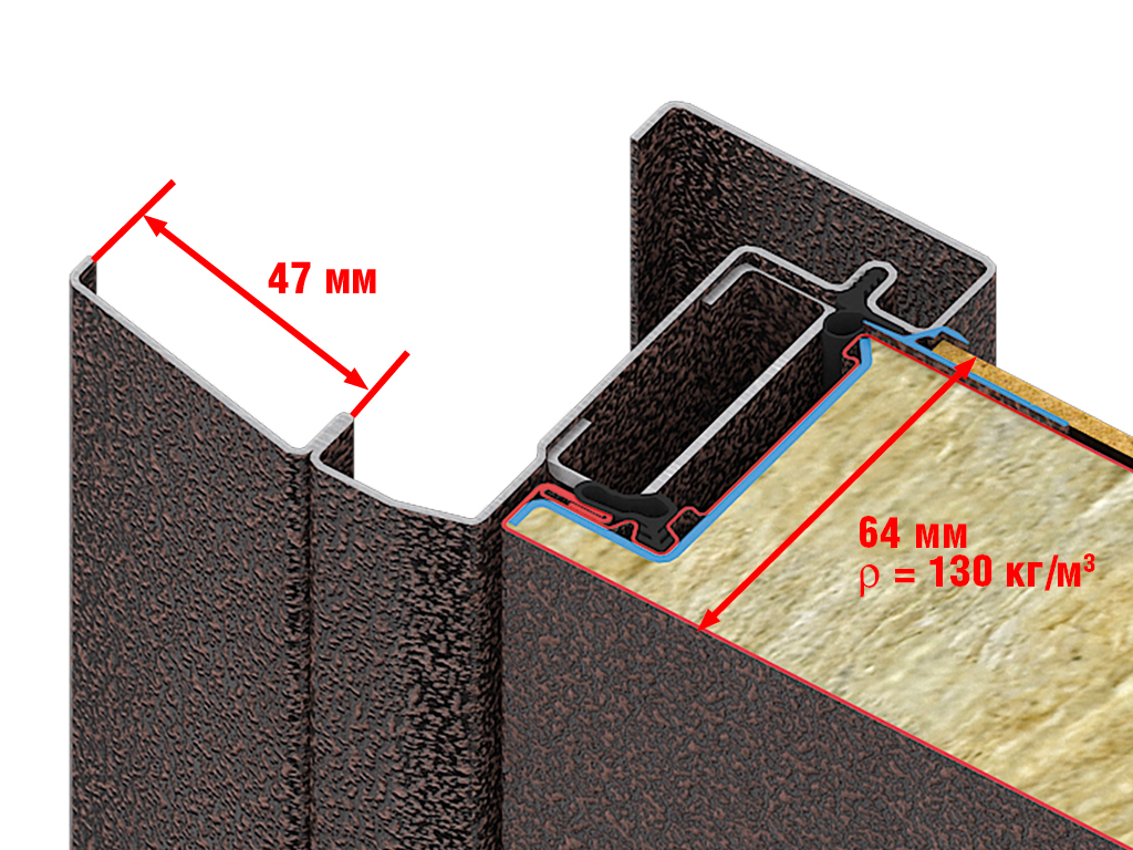 Высокопрочное полотно из оцинкованной холоднокатаной стали с заполнением из минераловатной плиты высокой плотности и ХДФ-панелью.